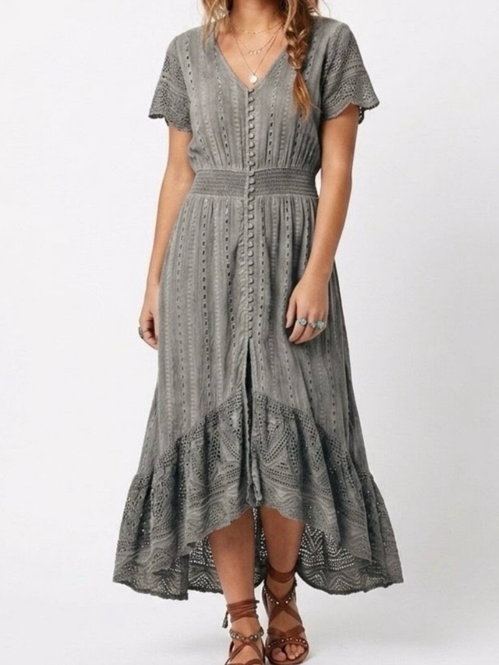 Young Fabulous & Broke Slate Gray Eyelet High-Low Midi Dress